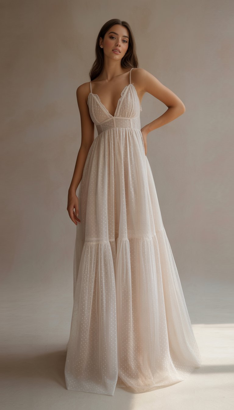 A woman wearing a flowing wedding dress with a deep neckline and empire waist, standing in a softly lit studio.